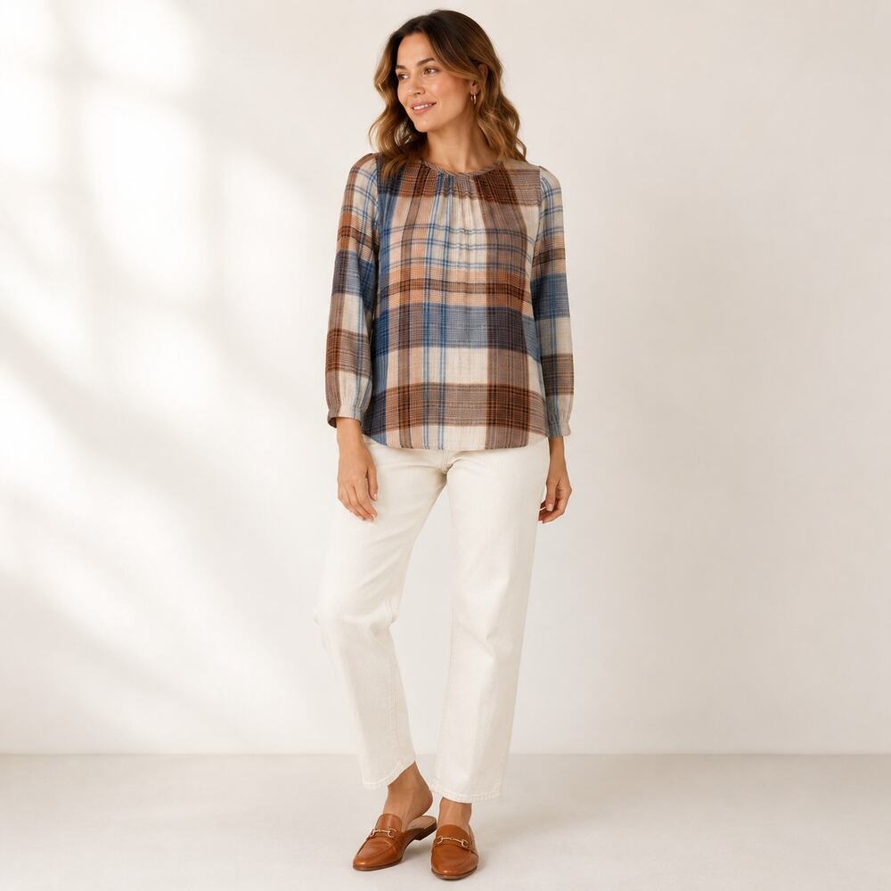 Universal Thread Plaid Crinkle Gauze Peasant Blouse Long Sleeve Blue Tan XS Boho